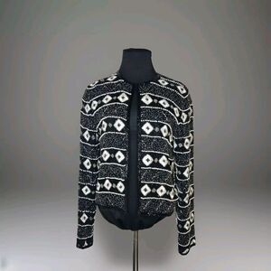 Papell Boutique Evening Sequin Beaded‎ Black Geometric Blazer 100% SILK Jacket S